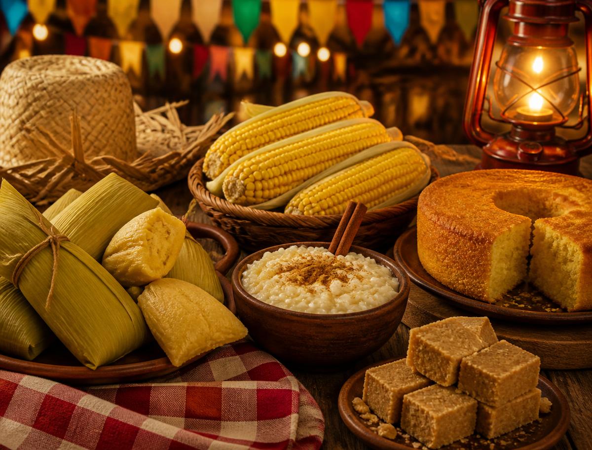 Mesa com comidas típicas de festa junina